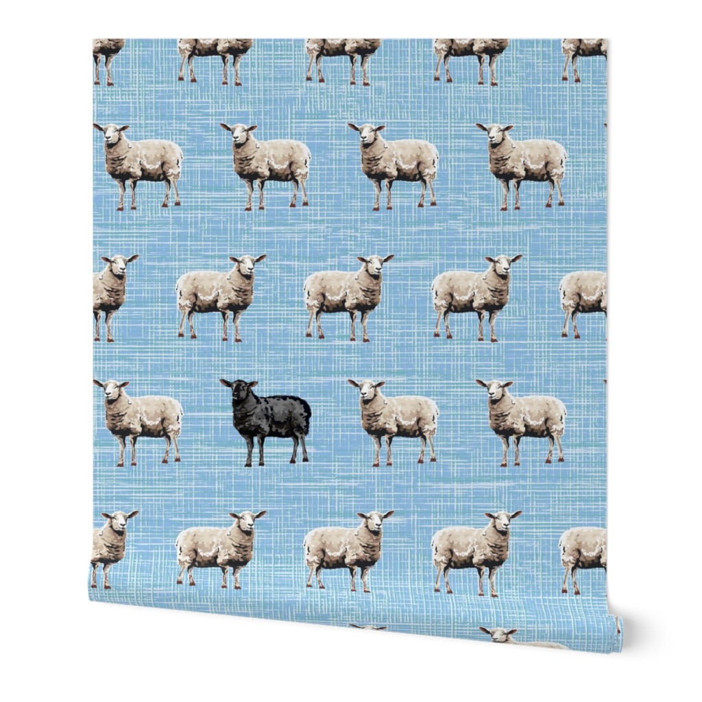 Light Blue Textured Cottagecore Farmyard Animals, Neutral Black Colored Sheep, Simple Black Sheep Farm Animal