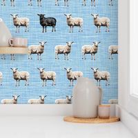 Light Blue Textured Cottagecore Farmyard Animals, Neutral Black Colored Sheep, Simple Black Sheep Farm Animal