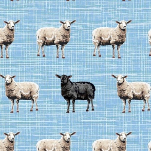 Light Blue Textured Cottagecore Farmyard Animals, Neutral Black Colored Sheep, Simple Black Sheep Farm Animal