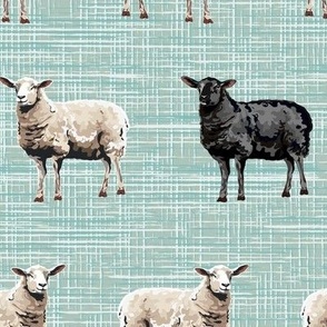 Blue Green Textured Farmyard Animal Pattern, Farmhouse Sheep, Neutral Black Sheep, Simple Black Sheep Farm Animals