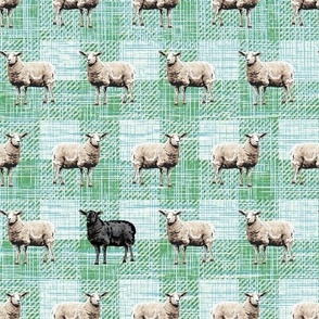 Whimsical Farmhouse Gingham Pattern, Farmyard Sheep, Neutral Black Sheep, Simple Black Sheep Farm Animals