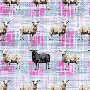 Pink Plaid Farmers Farmyard Animal Pattern, Farmhouse Sheep, Neutral Black Sheep, Simple Black Sheep Farm Animals