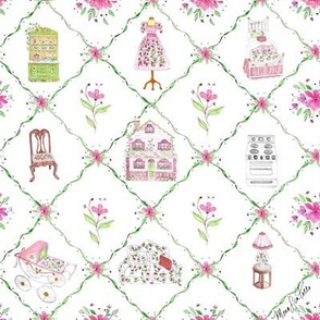 Pink and White Flowers and Tiny Doll House Furniture on Trellis "Lillybells" (small-medium) on white background by Mona Lisa Tello