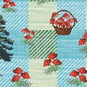 Red and White Mushrooms in a Basket, Woodland Fantasy Toadstool Fungi Collecting, Textured Blue Green Gingham Check Pattern