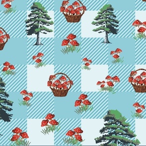 Red and White Toadstools on Blue Gingham Check Pattern, Woodland Fantasy Mushroom Collecting