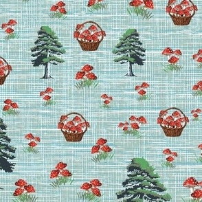 Red and White Mushrooms in a Basket, Blue Textured Weave Pattern, Fantasy Woodland Toadstool Collecting