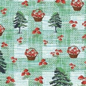 Red and White Toadstools in a Basket, Green Gingham Check Pattern, Woodland Fantasy Mushroom Collecting