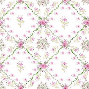 Pink and White Flowers, on Trellis,"Lillybells" (medium-small) on white background by Mona Lisa Tello      