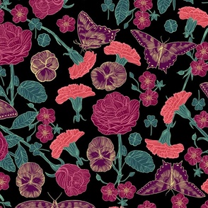 Tossed Dark Floral with Butterflies, Roses, Carnations, Pansies and Raspberry Flowers, Black Background, Large Scale