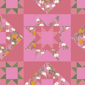 Boho poppies pink cheater quilt (large- central square 10 inches) (Eschcholzia-California Poppy) creams, pinks, greens and teracotta red in this wilderness flower inspired patchwork design.