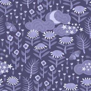 Moon Garden - ( large 12") Monochromatic moons, stars and daisy flowers in this midnight bluel night time garden design.