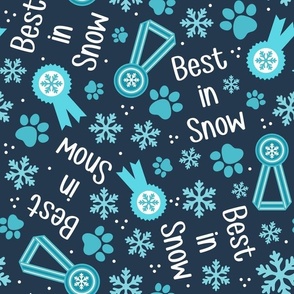 Large Scale Best in Snow Winter Dog Paw Prints Medals Snowflakes on Navy