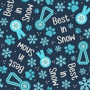 Medium Scale Best in Snow Winter Dog Paw Prints Medals Snowflakes on Navy