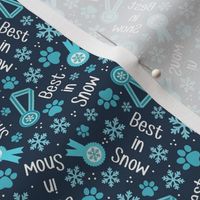 Small Scale Best in Snow Winter Dog Paw Prints Medals Snowflakes on Navy