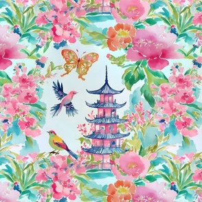 Blue pagoda Chinoiserie garden watercolor 