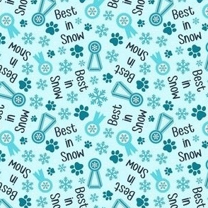 Small Scale Best in Snow Winter Dog Paw Prints Medals Snowflakes on Ice Blue