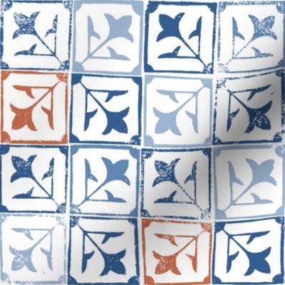 Blue and Terracotta French Country Geometric Stamp Tiles on White Medium Scale