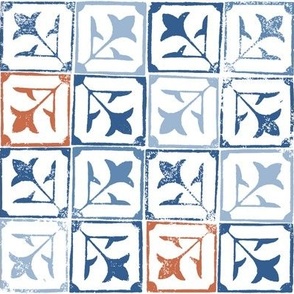 Blue and Terracotta French Country Geometric Stamp Tiles on White Medium Scale