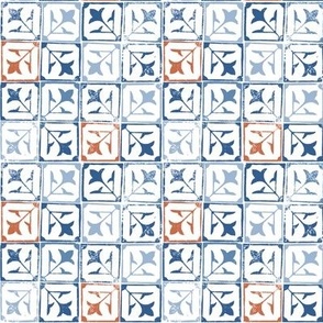  Blue and Terracotta French Country Geometric Stamp Tiles on White Small Scale