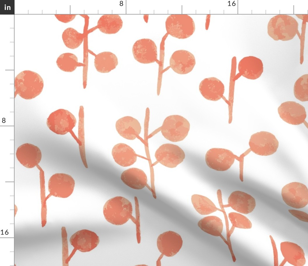 Painterly abstract leaves, coral peach, white background, coastal wallpaper