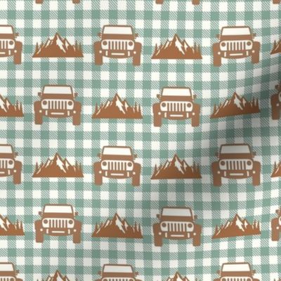 Medium Scale Mountain Adventure Jeep Vehicles on Soft Pine Green Buffalo Checker Plaid