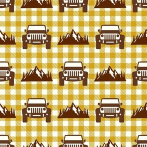 Large Scale Mountain Adventure Jeep Vehicles on Yellow Gold Buffalo Checker Plaid