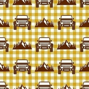 Medium Scale Mountain Adventure Jeep Vehicles on Yellow Gold Buffalo Checker Plaid
