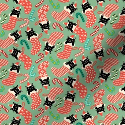 Meowy Christmas - Festive Felines - Black Cats in Xmas Stockings - Mint Green - MEDIUM