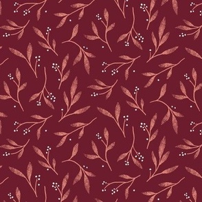 Textured Tossed Foliage Branches – Burgundy Red |  Simple Hand-Drawn Shapes