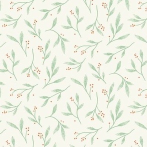 Textured Tossed Foliage Branches – Green on Cream |  Simple Hand-Drawn Shapes