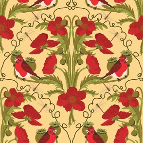 The Finch with Poppies-on Cornsilk-Woodlands Palette