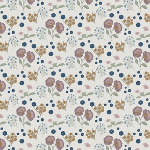 Little cute wild flowers in a ditsy design in purple, green, pink, orange, blue