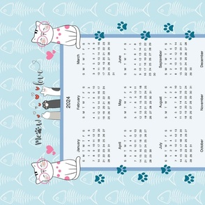 2024 Calendar Cute Cats Themed Blue Background with Fish Bone