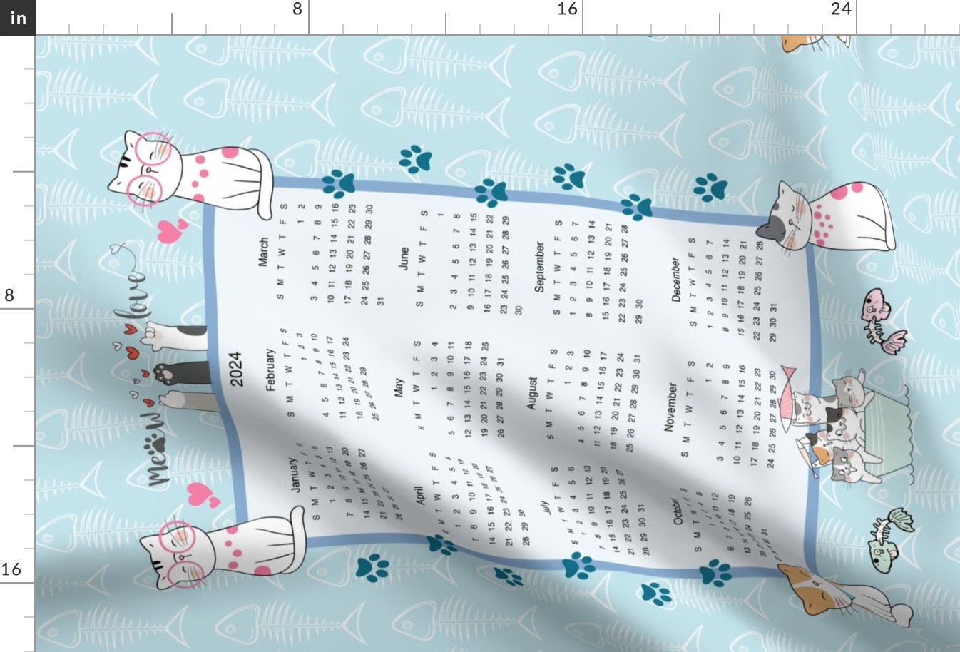 2024 Calendar Cute Cats Themed Blue Fabric Spoonflower   2024 Calendar Cute Cats Themed Blue Background With Fish Bone 