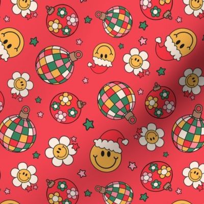 Medium Scale Groovy Christmas Happy Santa Faces Smiling Daisies and Retro Disco Ball Ornaments on Red
