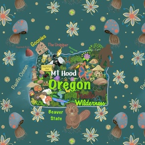 Fun and Playful Oregon state map, green, Sasquatch, beaver, mushrooms, Goonies