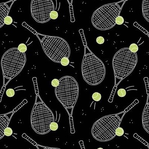 Minimalist freehand tennis racket and balls tennis court design white lime on black 