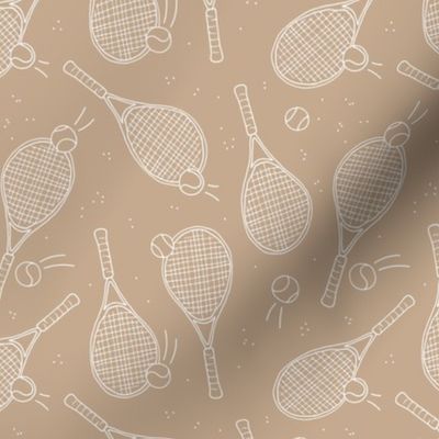 Minimalist freehand tennis racket and balls tennis court design white on beige tan 