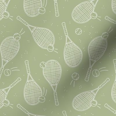 Minimalist freehand tennis racket and balls tennis court design white on matcha green 