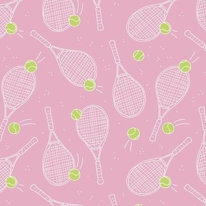 Minimalist freehand tennis racket and balls tennis court design white lime on pink 