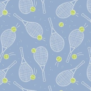 Minimalist freehand tennis racket and balls tennis court design white lime on moody blue 