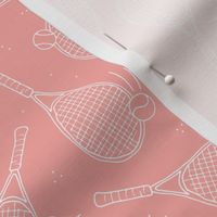 Minimalist freehand tennis racket and balls tennis court design white on pink blush 