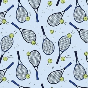 Welcome in the tennis club - tennis racket and balls vintage sports theme lime green navy blue on sky