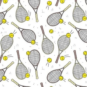 Welcome in the tennis club - tennis racket and balls sports theme lime yellow beige on white 