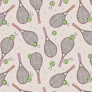 Welcome in the tennis club - tennis racket and balls sports theme peach pink green on sand girls pastel palette 