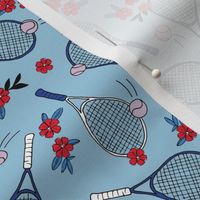 Girls tennis game with racket and ball vintage flower sports design red navy on light blue 