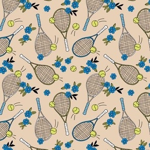 Girls tennis game with racket and ball vintage flower sports design blue lime on beige sand 