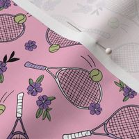 Girls tennis game with racket and ball vintage flower sports design lime purple on pink 