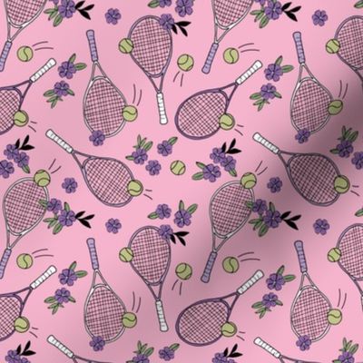 Girls tennis game with racket and ball vintage flower sports design lime purple on pink 