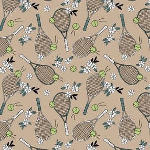 Girls tennis game with racket and ball vintage flower sports design green white lime on beige tan 
